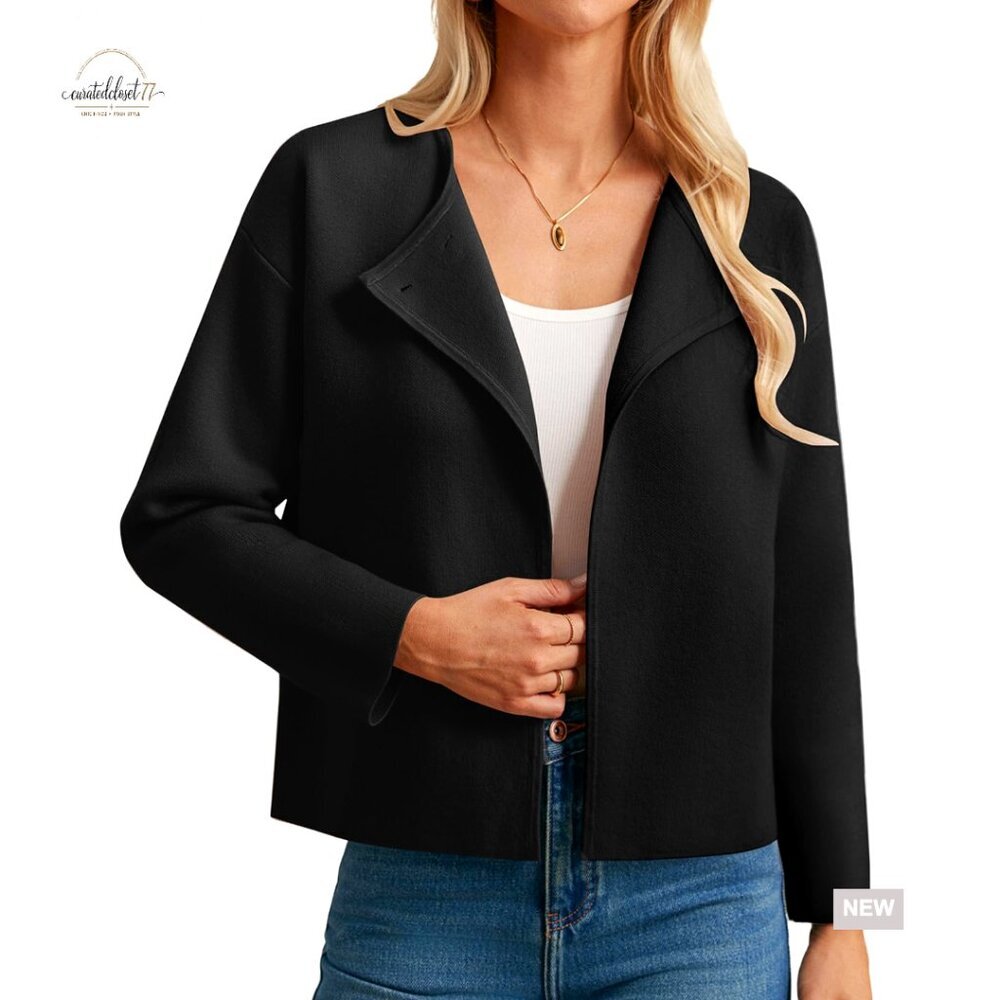 Cropped Knit Sweater Blazer Oversized Open Front Jacket Lapel Cardigan